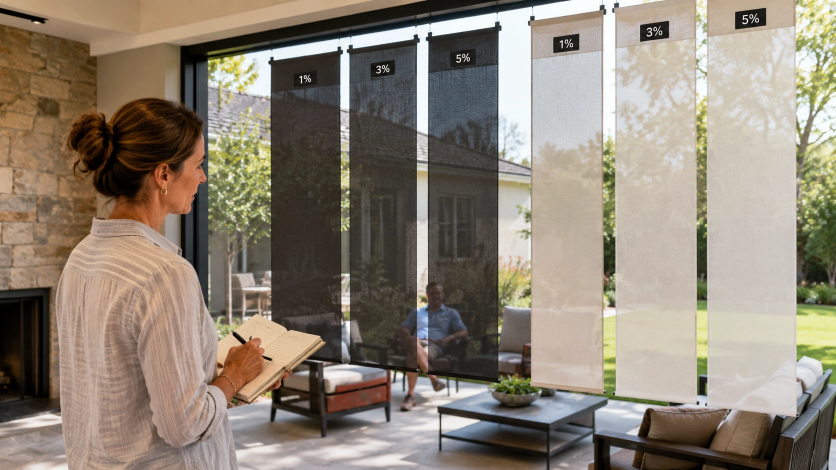 Homeowner comparing outdoor screen fabric openness samples in real lighting